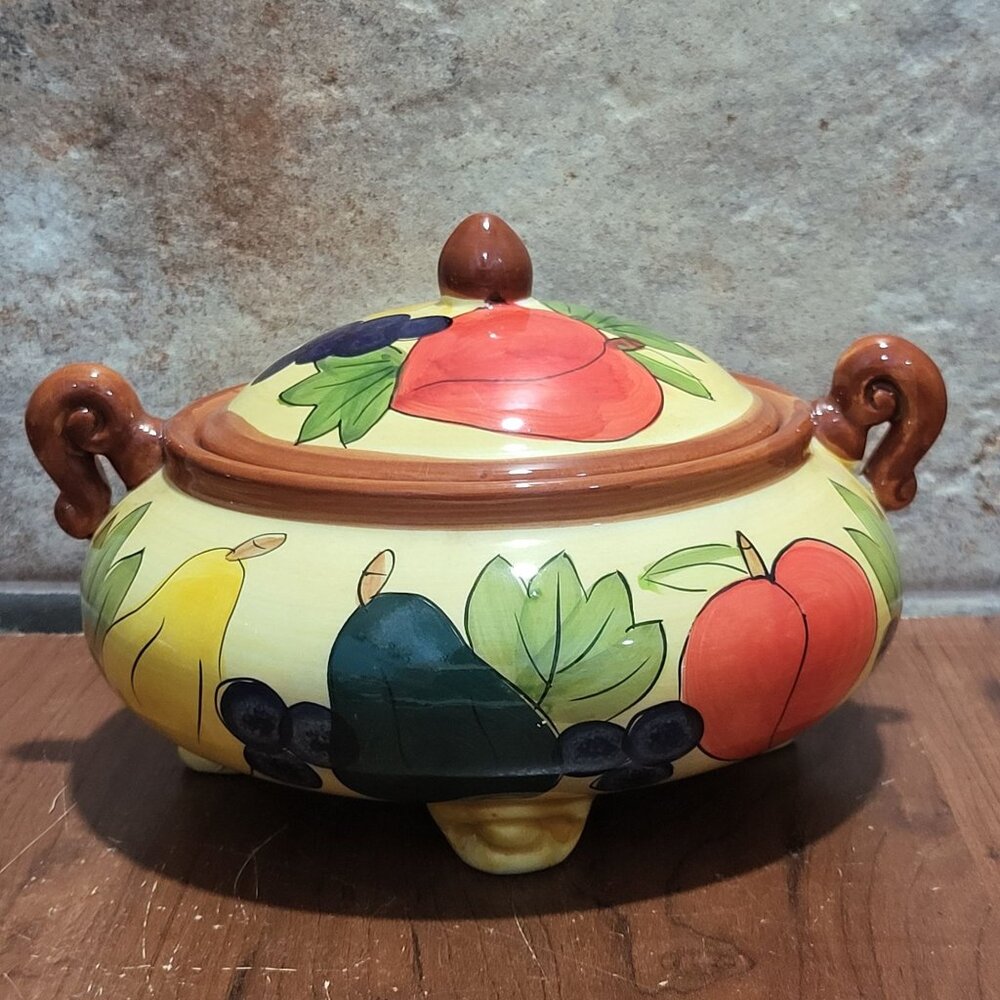 Vintage Ceramic Serving Bowl with Lid Footed Fruit Design